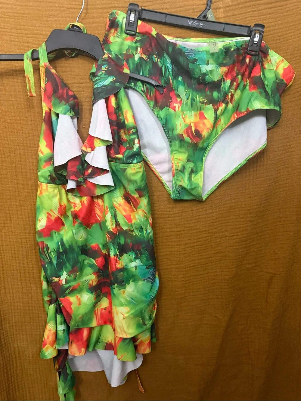 SHEIN Green Red Yellow Floral Ruffle Bikini Set